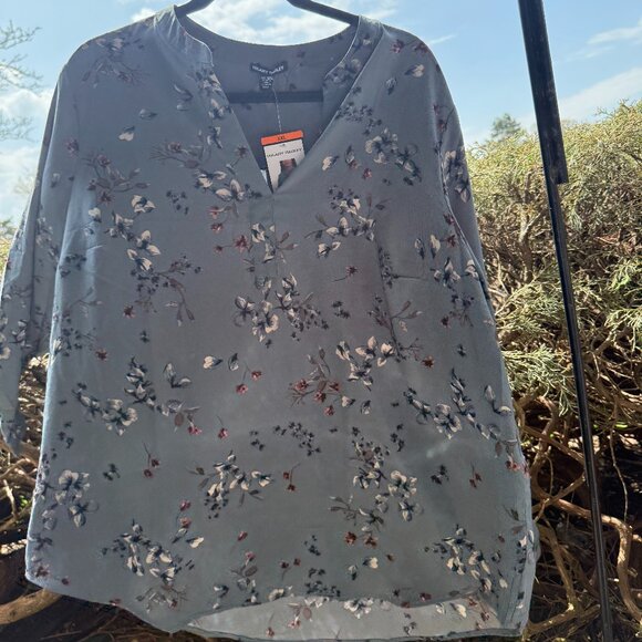 NWT Hilary Radley Women's Long Sleeve Floral Sage Blouse Size L $45 - Picture 1 of 15